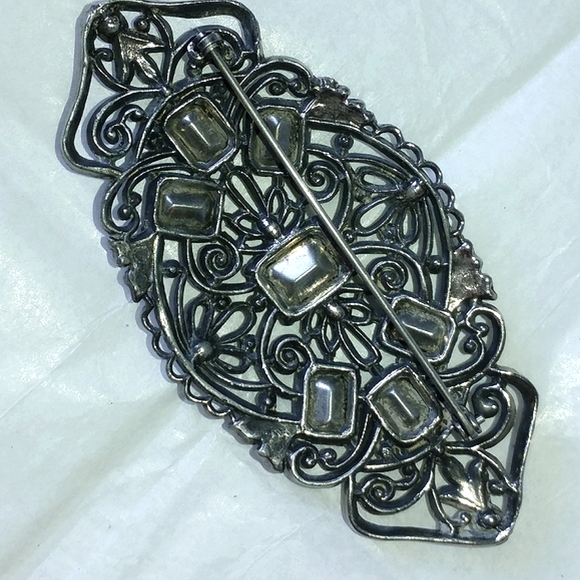 HUGE ART DECO STYLE FILIGREE PIN - ROYAL BLUE GLASS STONES - OVER 3" WIDE - Picture 5 of 8